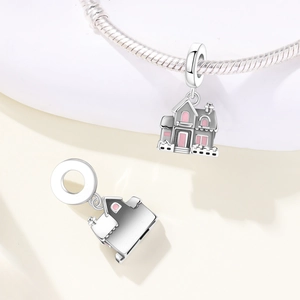 Charm maison en argent avec émail rose pour bracelet de vie de fête des mères