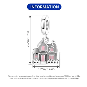 Détails de la breloque maison en argent avec émail rose et dimensions du produit