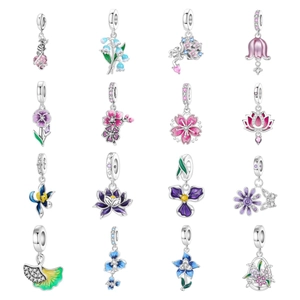 Silver Plated Copper Flower Enamel Charm Pendant Iris Cherry Blossom Lily Rhinestone DIY Jewelry Accessory Gift For Women