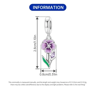 Detailed size specifications for the purple enamel pansy flower pendant with dimensions