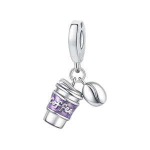 Close-up of silver coffee cup charm with purple enamel and tiny coffee bean detail