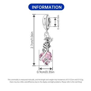 Detailed dimensions of silver heart pendant with pink stone flower and butterfly