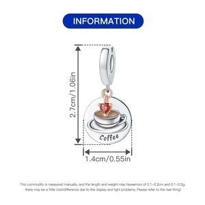 Silver coffee cup charm with red heart gem and 'Coffee' tag, dimensions 2.7cm x 1.4cm