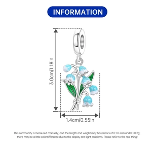 Detail showing Lily of the Valley charm dimensions in blue enamel and silver plating
