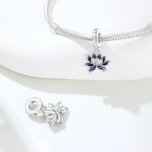 Lotus flower charm with purple enamel petals and S925 silver snake chain bracelet