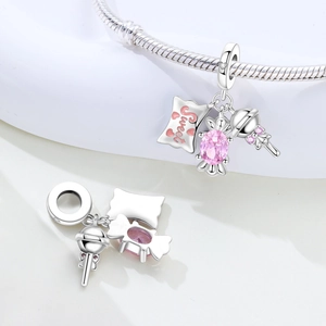 Silver coffee and sweets charm set with pink enamel candy and sparkling lollipops for bracelets