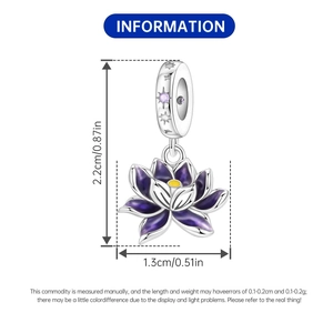 Detailed size view of silver lotus flower charm with purple enamel for jewelry making