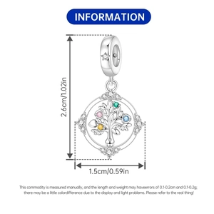 Vue détaillée des dimensions du pendentif arbre de vie en argent avec gemmes multicolores