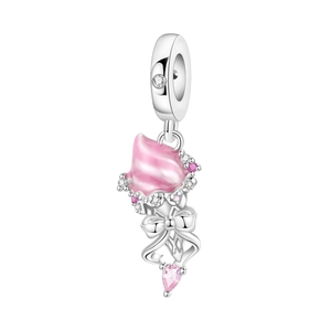 Detail of silver ice cream charm with pink enamel, bow, and sparkling zircon stones