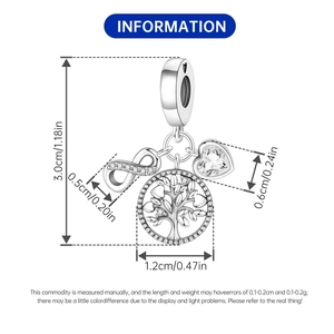 Dimensions détaillées du pendentif arbre de vie argenté avec cœur et infini
