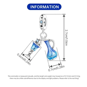 Detail view of silver coffee and teapot charm with blue stones and dimensions