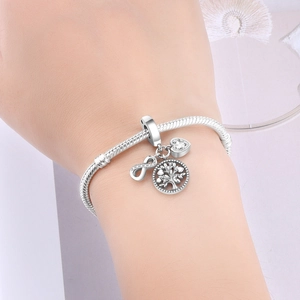 Gros plan d'un bracelet maille serpent en argent avec breloques infini et arbre de vie