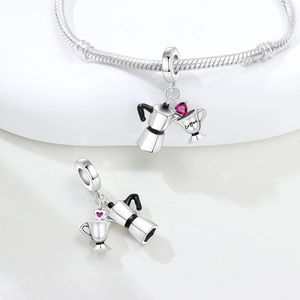 Silver coffee mocha pot and heart cup charm with pink zircon for charm bracelets