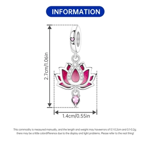 Macro view of lotus flower charm with pink gemstone and silver plating details