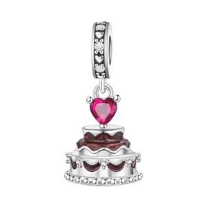 Detailed view of S925 silver charm with red heart zircon and coffee enamel cake