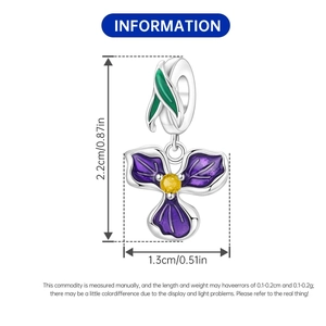 Detailed dimensions of silver iris flower charm with purple enamel and yellow zircon