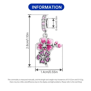 Detail size specifications for the pink sakura flower pendant with dimensions in cm and inches