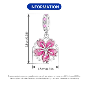Pink enamel cherry blossom flower pendant charm in silver with zirconia stones