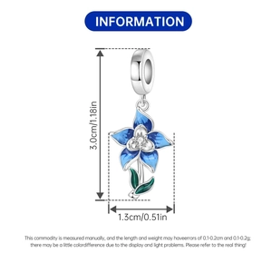 Detail view of iris flower pendant with blue enamel and white zircon including dimensions