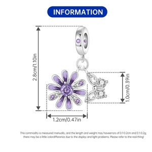 Macro shot showing dimensions of silver iris flower and butterfly charms with purple stones