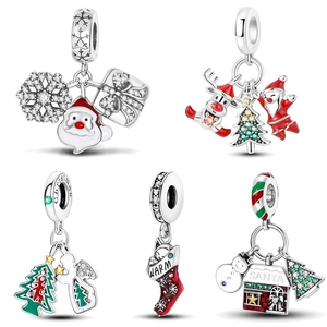 Abalorios Serie de Navidad Bañados en Plata Papá Noel Copo de Nieve Reno Esmalte Diamantes de Imitación Para Pulsera DIY Regalos