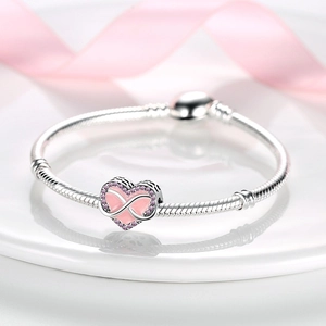 Silver snake chain bracelet with pink heart infinity charm and pavé zircon stones