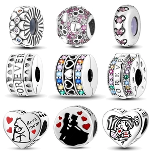 Silver Plated Copper Heart Bead DIY Charm Colorful Zirconia Forever Family Mother's Day Gift For Women Bracelet Necklace