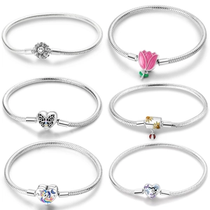 Bracciale Charm in Rame Placcato Argento Catena a Serpente Girasole Unicorno Tulipano Farfalla Motivo a Cuore Gioielli Moda Donna Regalo