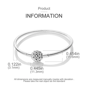 Detailed size specifications for silver snake chain bracelet with snowflake charm clasp
