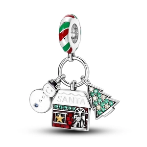 Abalorio navideño de plata S925 con muñeco de nieve y árbol en esmalte colorido