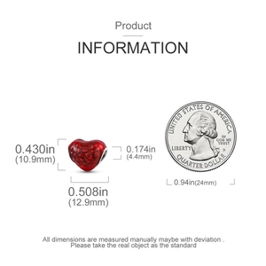 Detailed size specifications for red heart charm with coin for scale reference