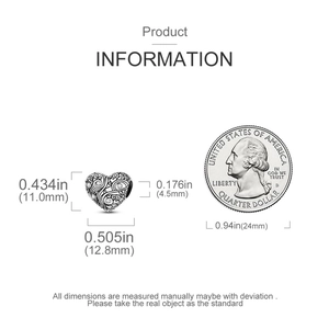 Detailed size specifications for silver heart charm showing 11mm height and 12.8mm width