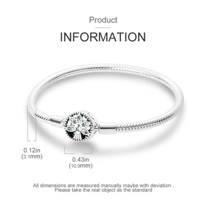 Macro view of silver snake chain bracelet with tree of life charm and sizing details
