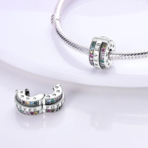Silver-plated Forever charm bead with colorful zircons and heart cutouts on a snake chain