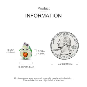 Size chart for silver avocado charm showing dimensions of 13.7mm by 11.4mm with coin