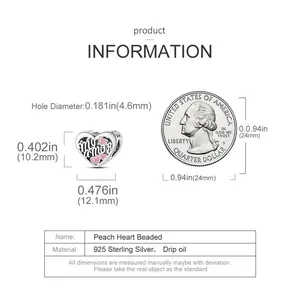 Size chart showing a 925 sterling silver pink peach heart charm with mi amor engraving