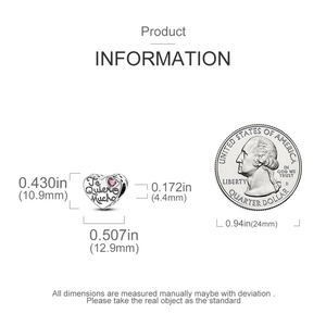 Detail view of heart charm with pink stone and dimensions beside a coin for scale