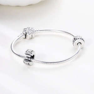 Close-up of S925 silver snake chain bracelet with sparkling paw charm and Family beads