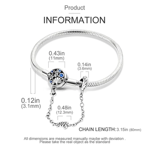Detail view of silver snake chain bracelet with shell charms and specific dimensions