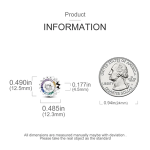 Größenangaben und Makroansicht der silbernen Sonnenstrahlperle mit bunten Zirkonia