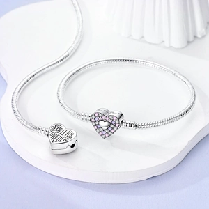 Silver S925 snake chain charm bracelet with heart pendants engraved Sisters Forever