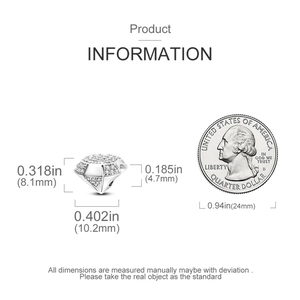 Detailed dimensions of silver heart charm with colorful zircon next to a US quarter coin