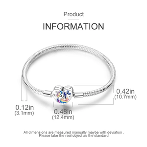Dettaglio del bracciale a catena serpente con ciondolo unicorno e misure dettagliate