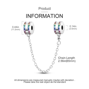 Sicherheitskette aus Silber mit Regenbogen-Zirkonia und präzisen Maßangaben für Armbänder