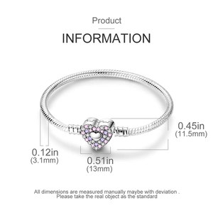 Detailed view of silver charm bracelet with heart clasp and crystal paving details