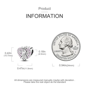 Detailed dimensions of silver heart charm with pink zircon and princess engraving