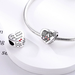 Silver heart charm with sister friendship engraving for DIY bead bracelets