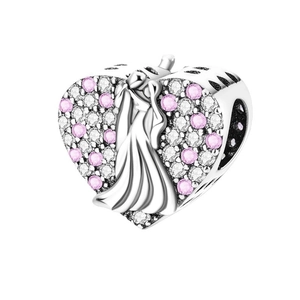 Silver heart charm pendant with kissing lovers relief and colorful cubic zirconia