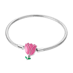 Bracciale a catena serpente in argento con un vivace ciondolo smaltato a tulipano rosa