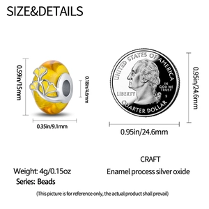 Size guide for silver ginkgo leaf bead showing 15mm height and 9.1mm width dimensions